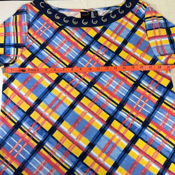 Rafaella Women Top Size L Large Blue Yellow Plaid Eyelet Collar Short Sleeve - Picture 9 of 9